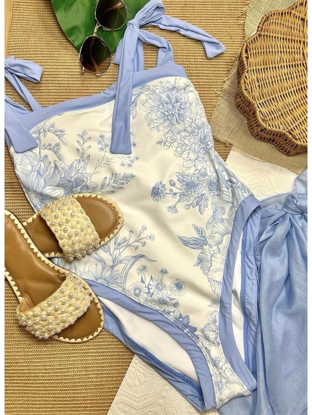 Antonio Melani One Piece Swimsuit Bow Tie Shoulders Baby Blue Floral Small